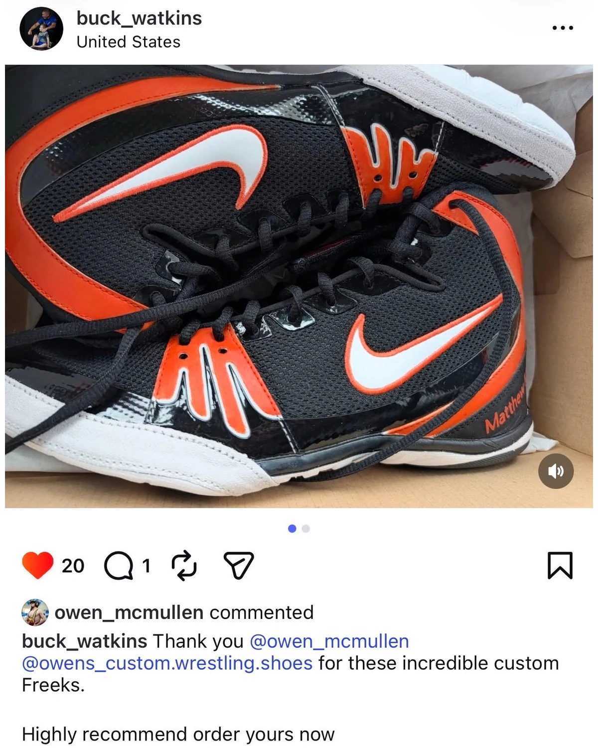 Instagram post from buck_watkins: he thanks Owen for incredible custom Freeks and says to order a pair, above a photo of black Nike Freek wrestling shoes with orange panels, white swooshes, orange flame detailing and the name Matthew lettered in orange on the heel, sitting in their box.